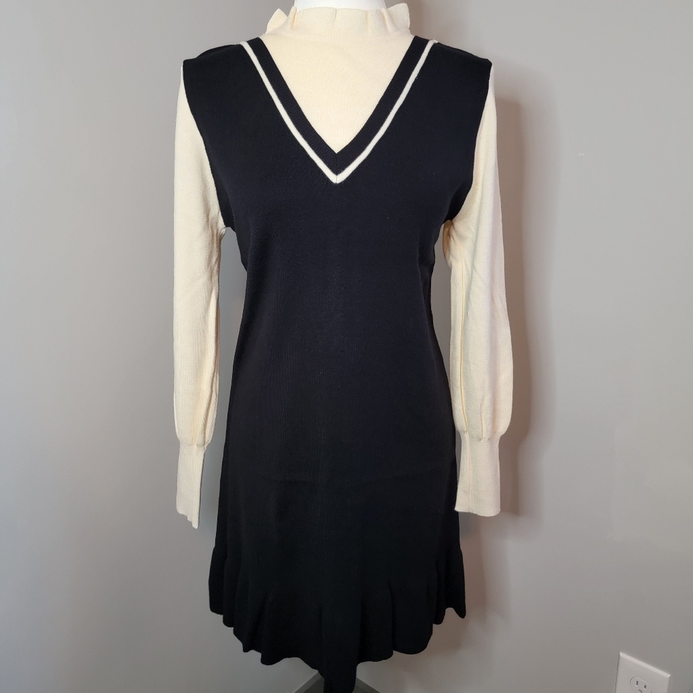 long sleeve sweater dress - black and cream ruffled - size medium